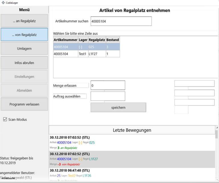 Artikelentnahme von Regalplatz in CadiaOffice Warenwirtschaft