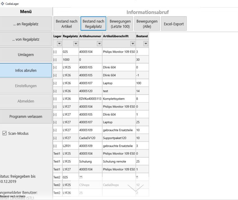 CadiaLager Bestand am Regalplatz