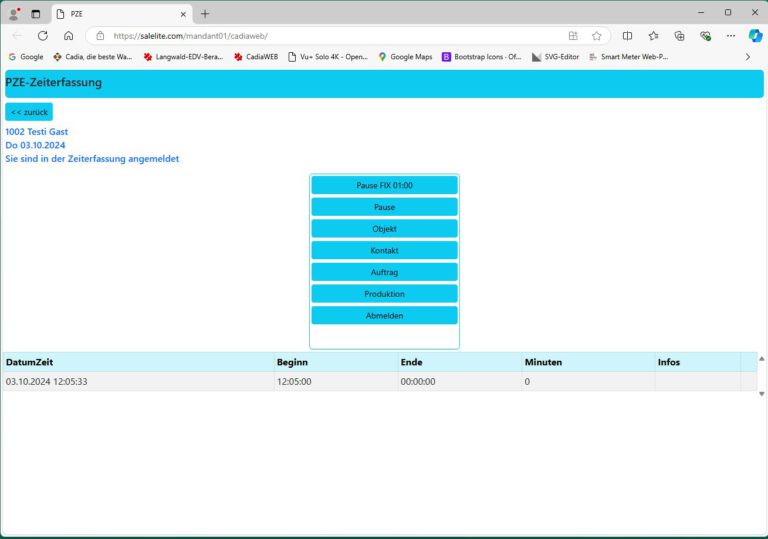 Mobiles Menü von CadiaPZEWeb-Zeiterfassung