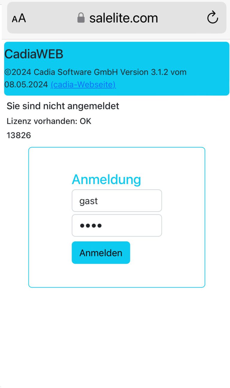 Anmeldemaske von CadiaWeb