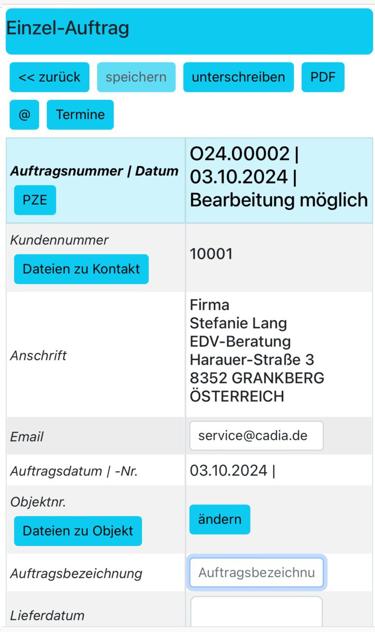 Auftragsverwaltung in CadiaWeb