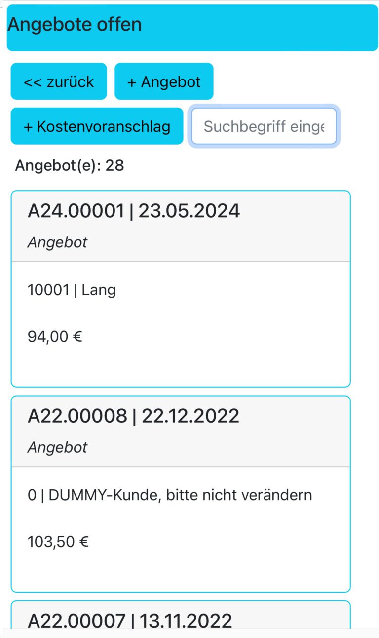 Angebotsmaske von CadiaServer-Web
