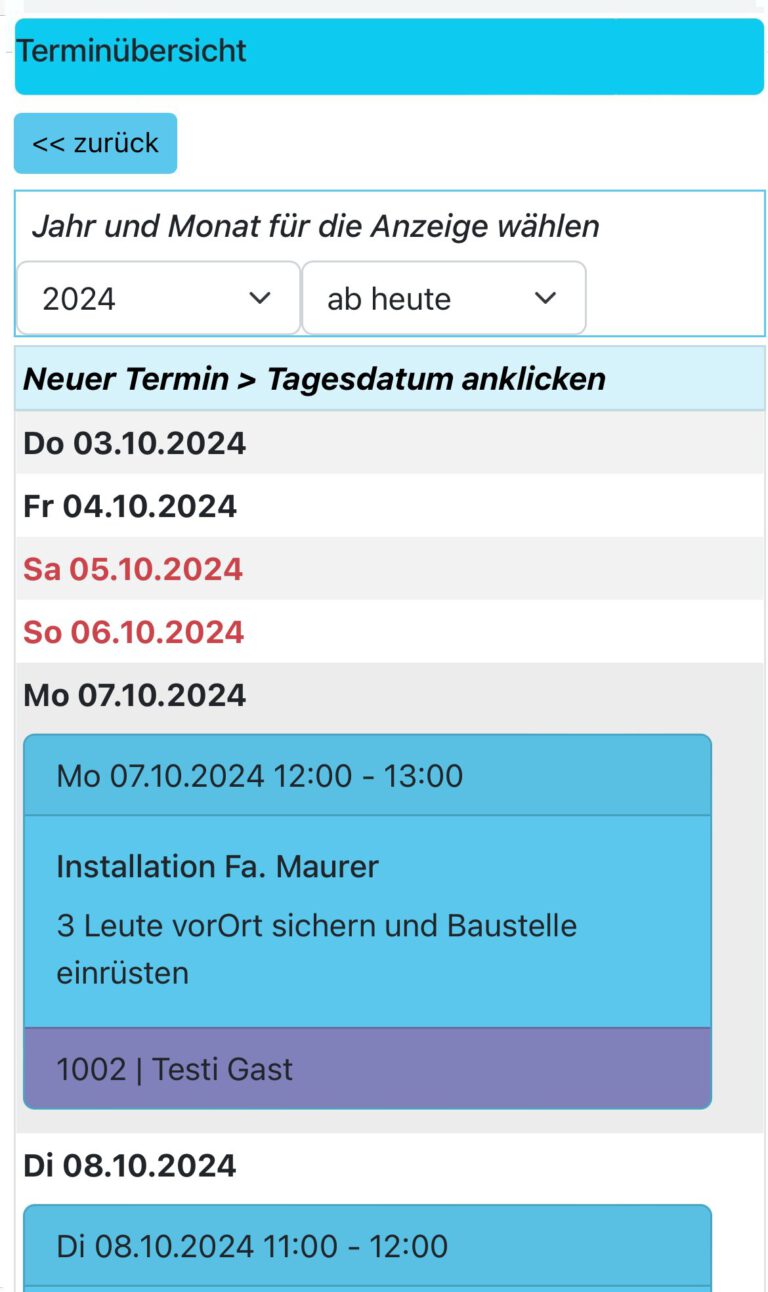 Terminübersicht in CadiaWeb
