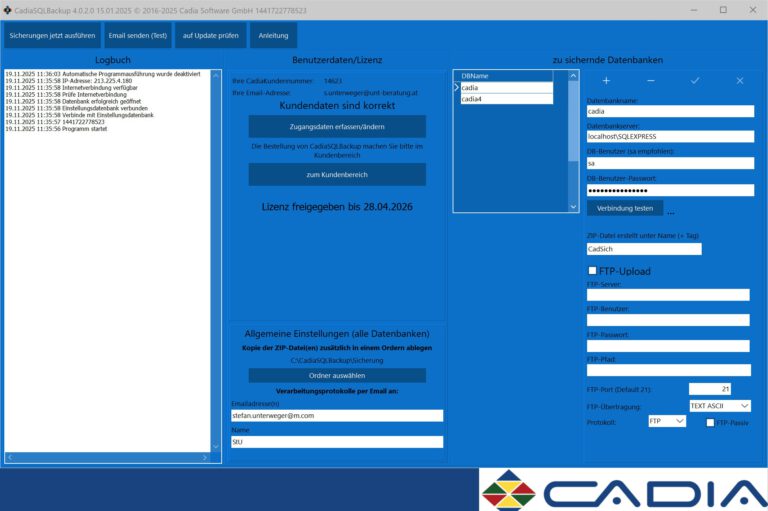 Deutsche Eingabemaske der CadiaSQL-Backup Erweiterung für CadiaOffice